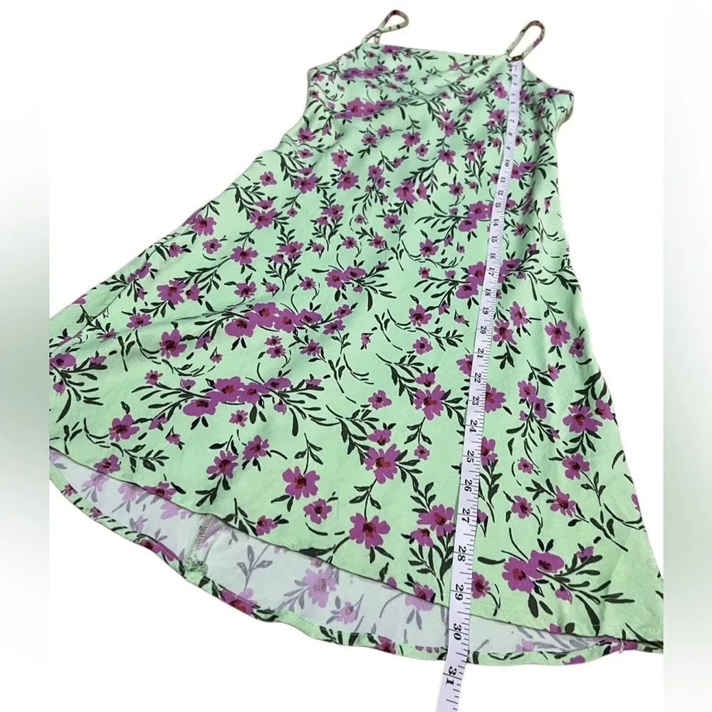 Zara Green Pink Floral Mini Satin Slip Dress Size Small